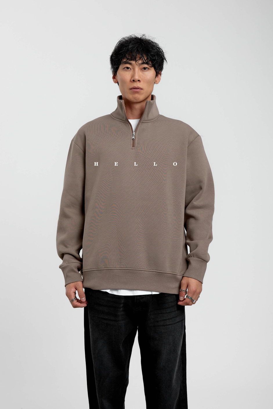 Vizon Hello Yazılı Yarım Fermuarlı Sweatshirt