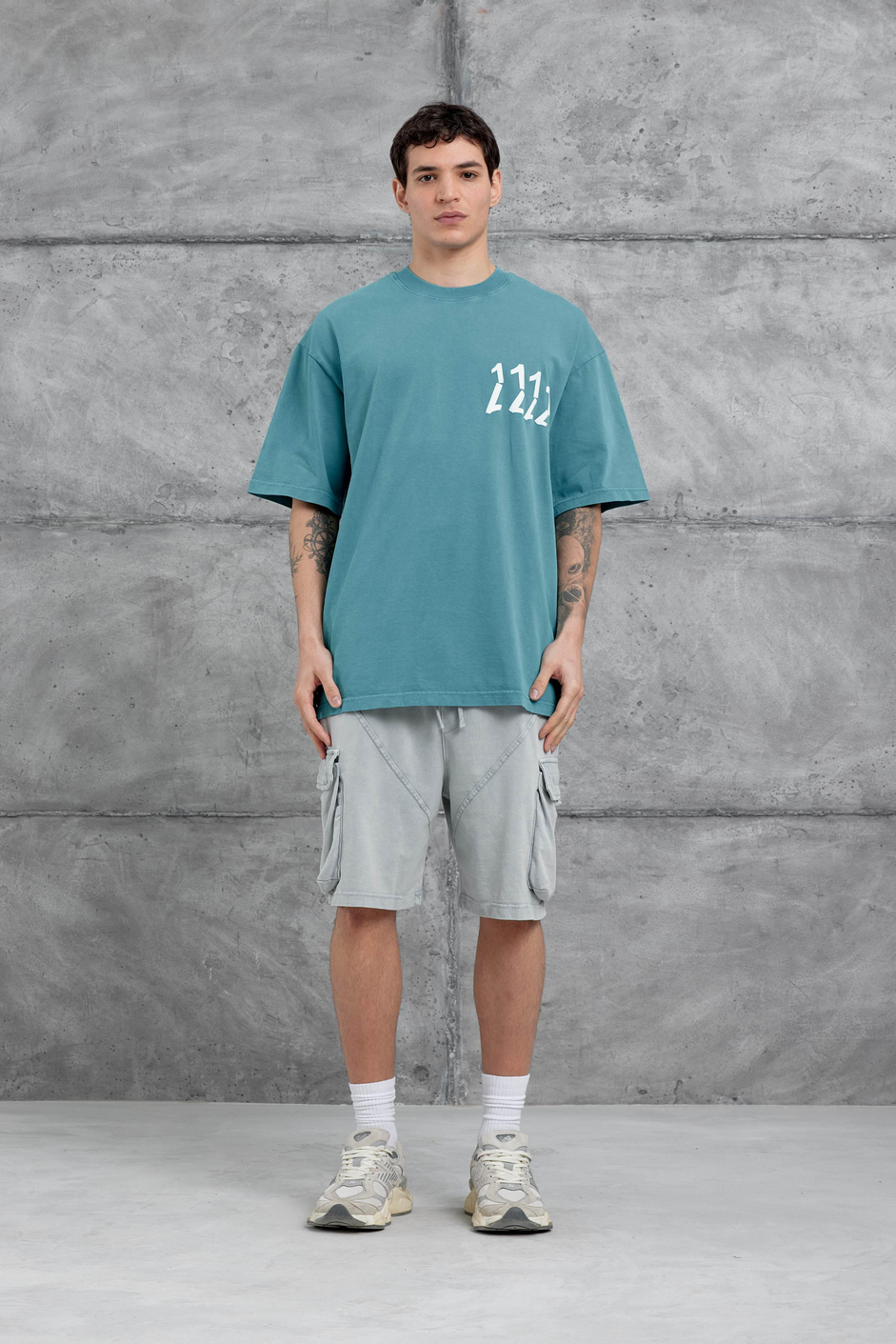 Yeşil 1111 Yazılı Yıkamalı Oversize Tshirt