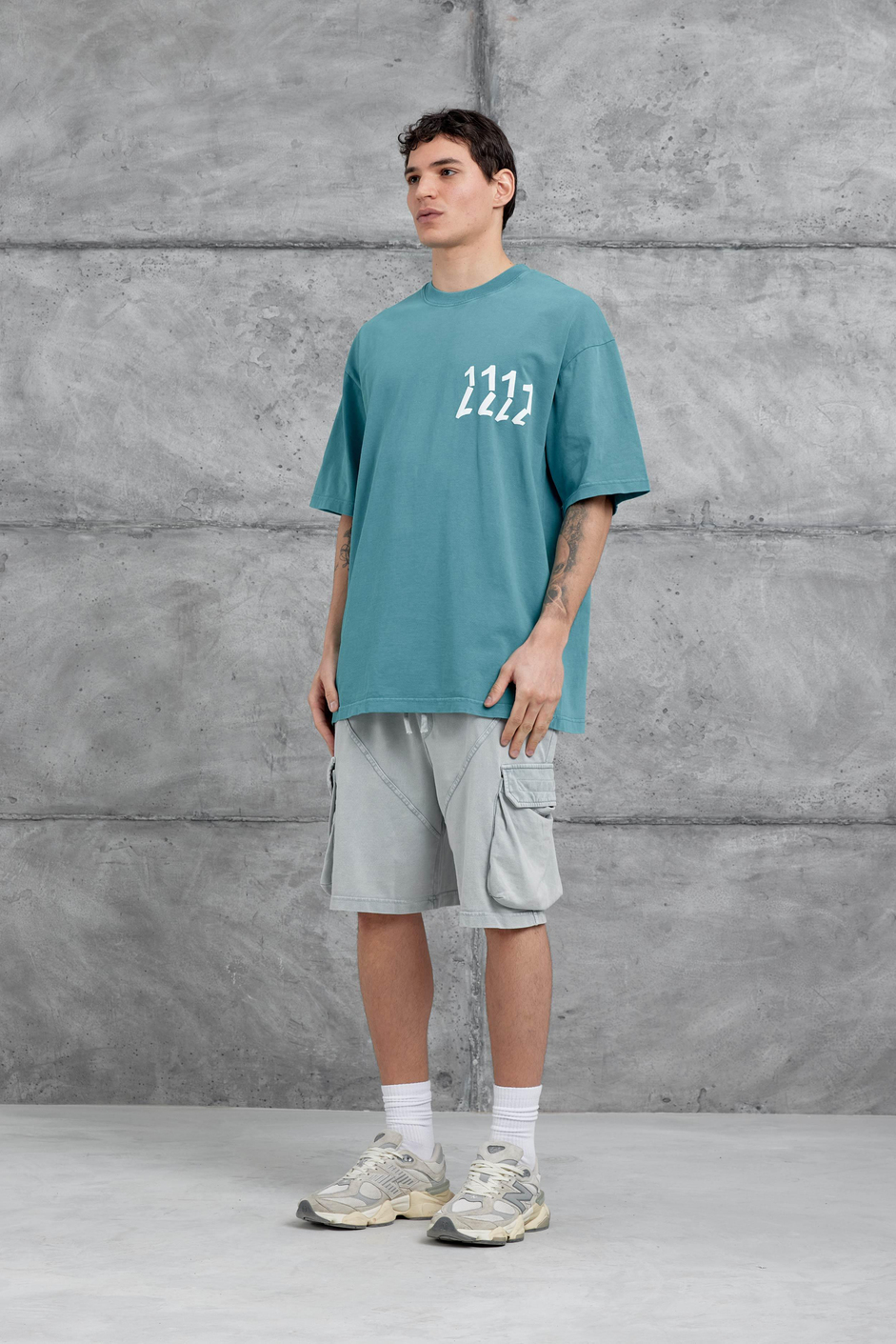 Yeşil 1111 Yazılı Yıkamalı Oversize Tshirt