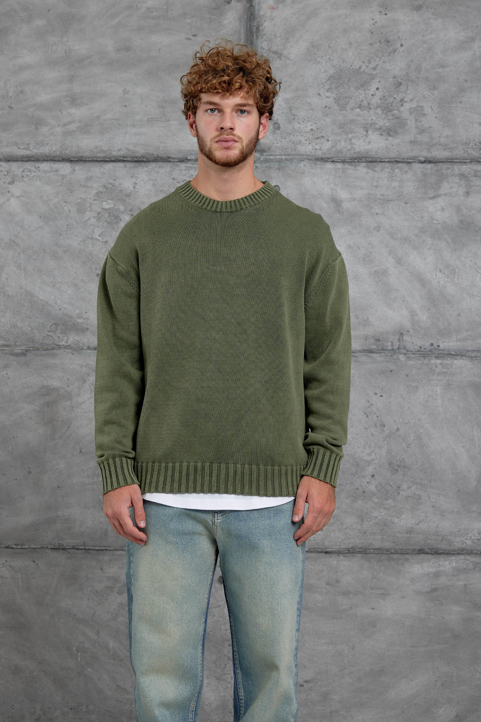 Yeşil 251 Oversize Yıkamalı Örme Triko