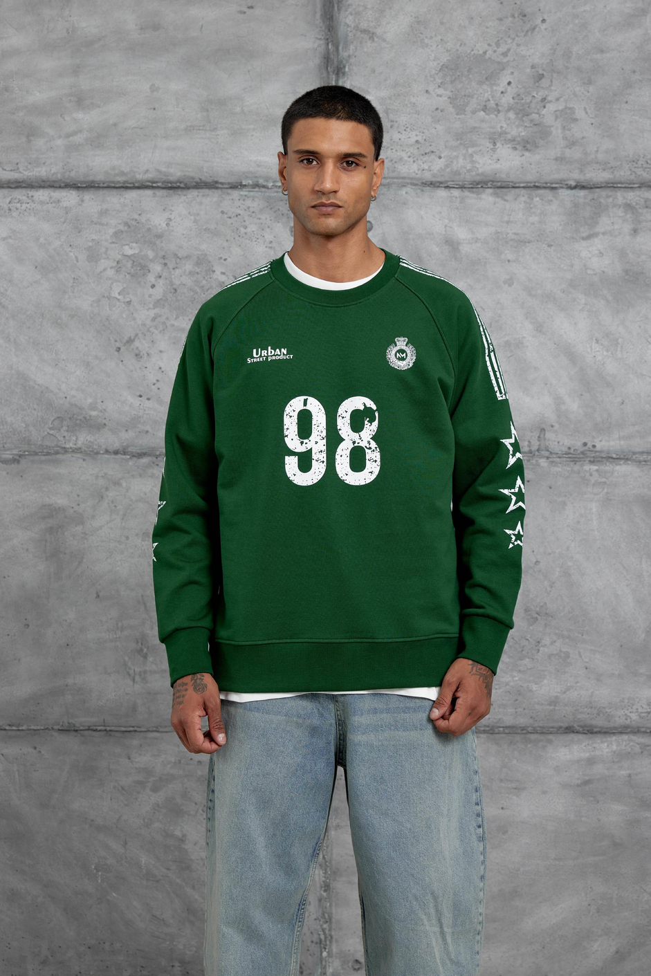 Yeşil 98 Baskılı Çizgili Tasarım Oversize Sweatshirt