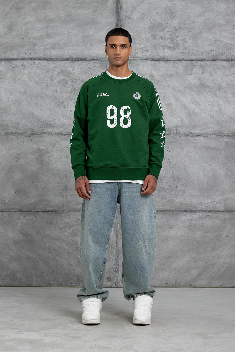 Yeşil 98 Baskılı Çizgili Tasarım Oversize Sweatshirt