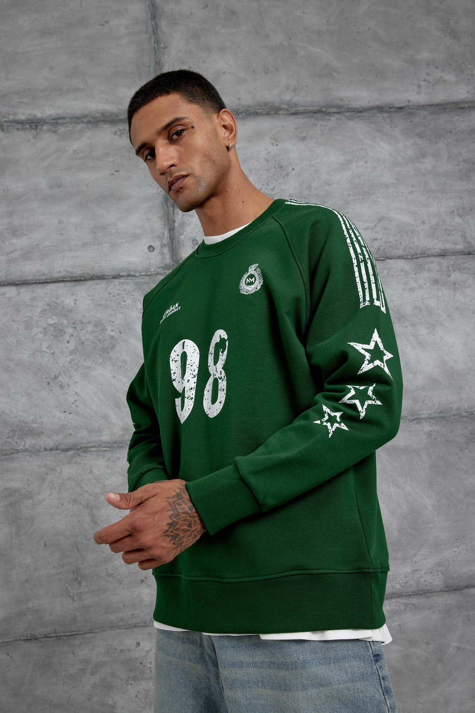 Yeşil 98 Baskılı Çizgili Tasarım Oversize Sweatshirt