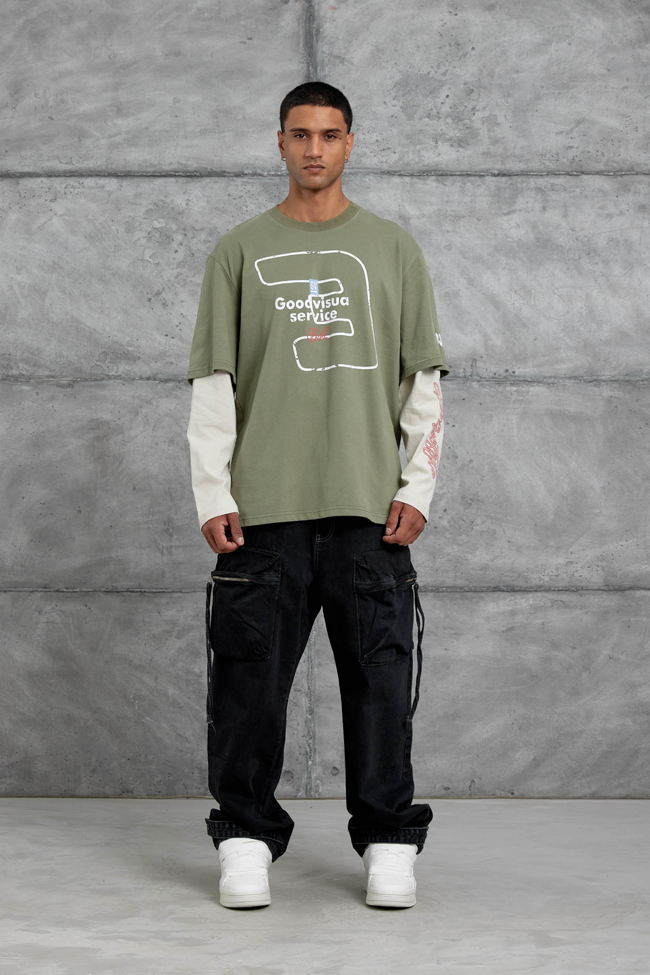 Yeşil Goodvision Baskılı  Oversize Kolu Parçalı Tasarım Sweatshirt