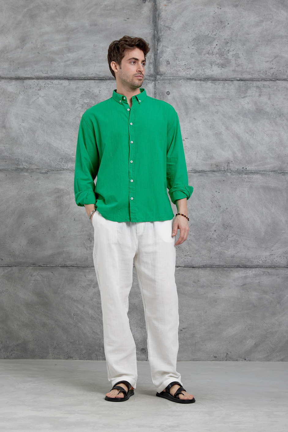 Yeşil Gst Keten Oversize Gömlek
