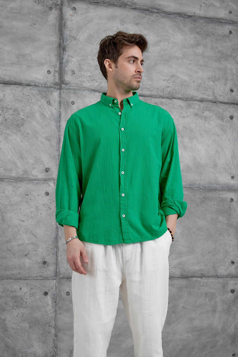 Yeşil Gst Keten Oversize Gömlek