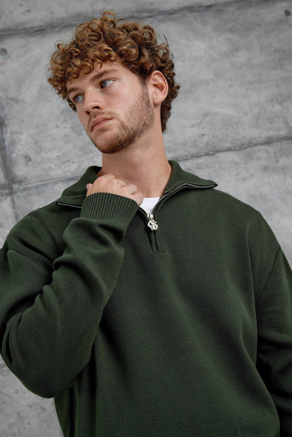 Yeşil Gst Yarım Fermuarlı Oversize Triko