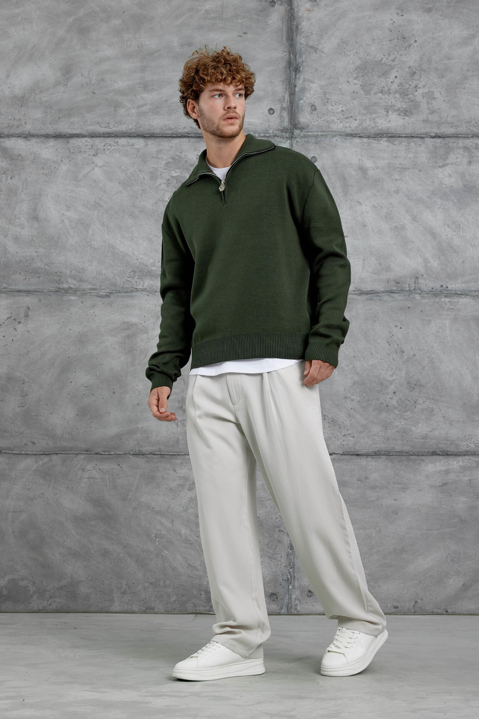 Yeşil Gst Yarım Fermuarlı Oversize Triko