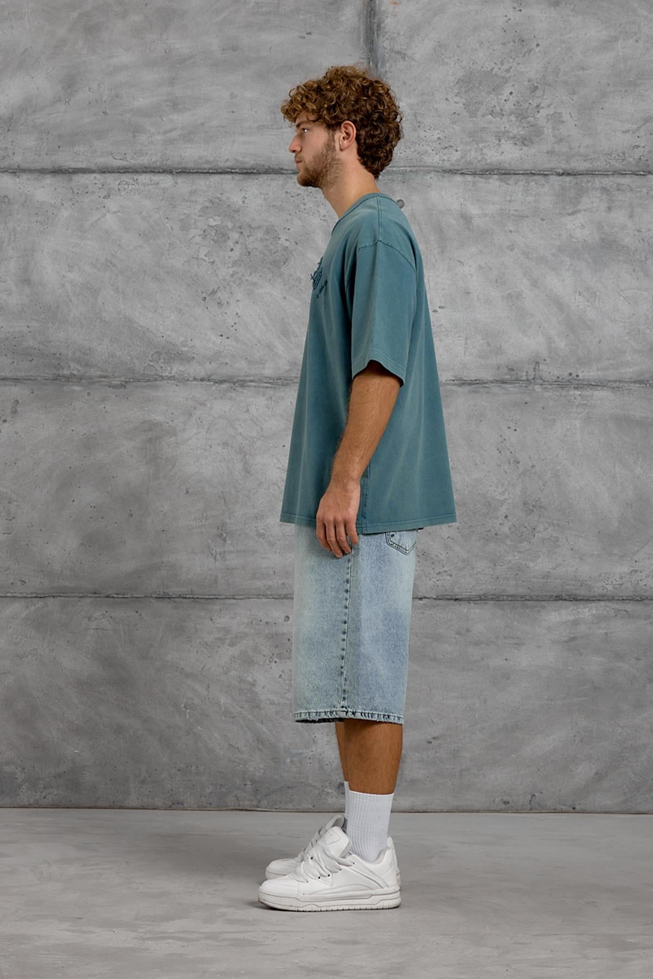 Yeşil HARF DİKİŞLİ YIKAMALI OVERSIZE TSHIRT