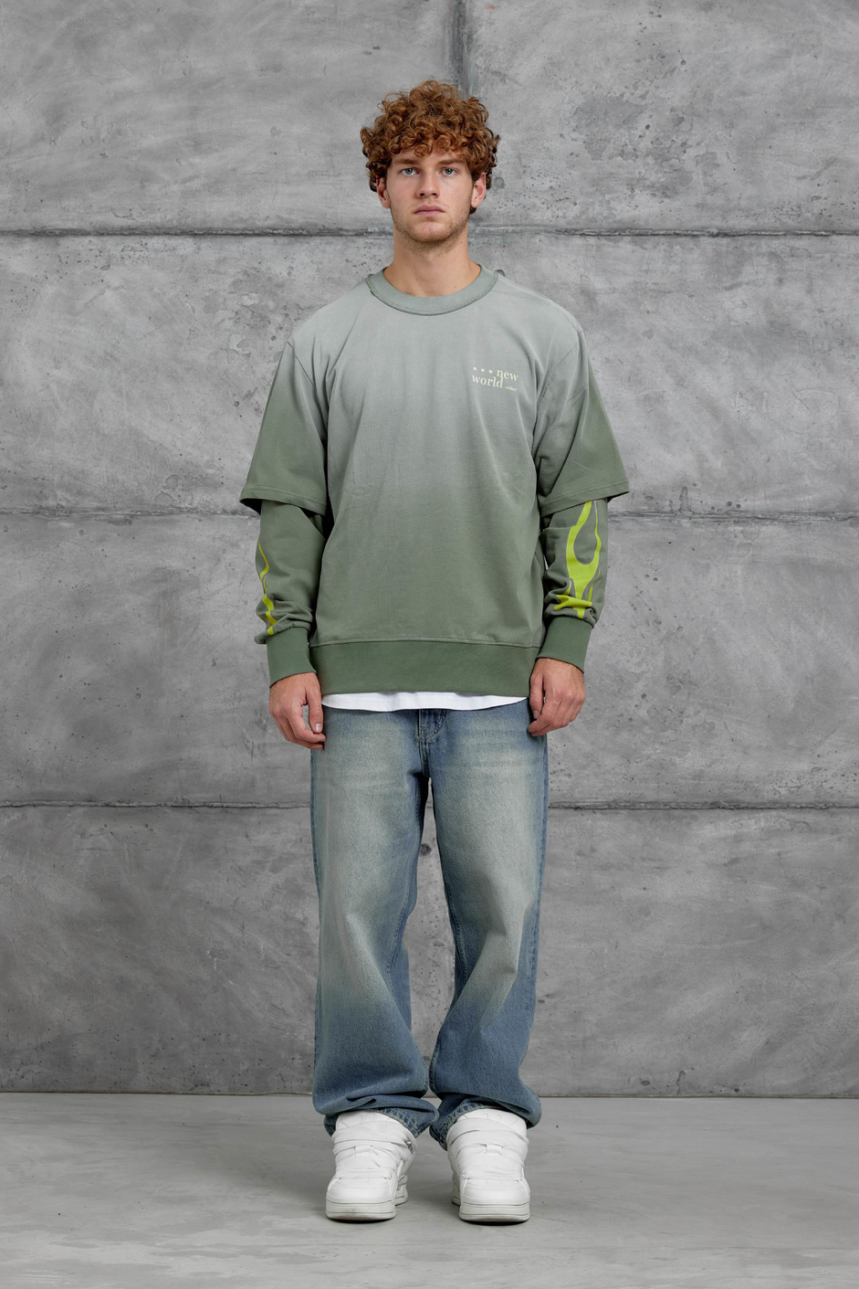 Yeşil KOLU ALEV BASKILI OVERSİZE SWEATSHIRT