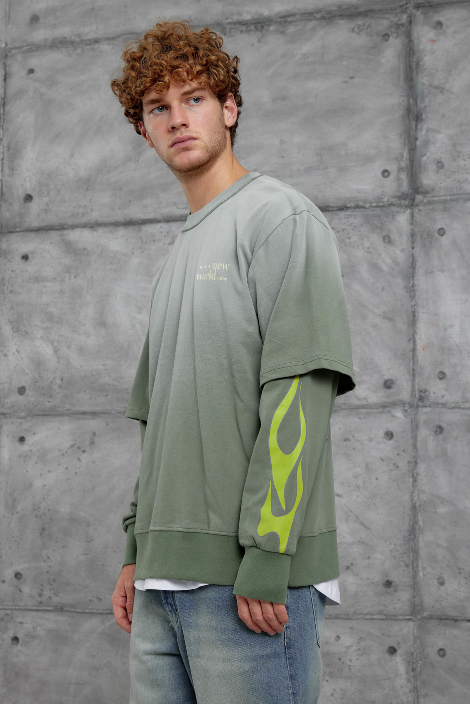 Yeşil KOLU ALEV BASKILI OVERSİZE SWEATSHIRT