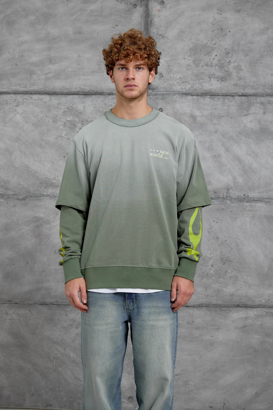 Yeşil KOLU ALEV BASKILI OVERSİZE SWEATSHIRT