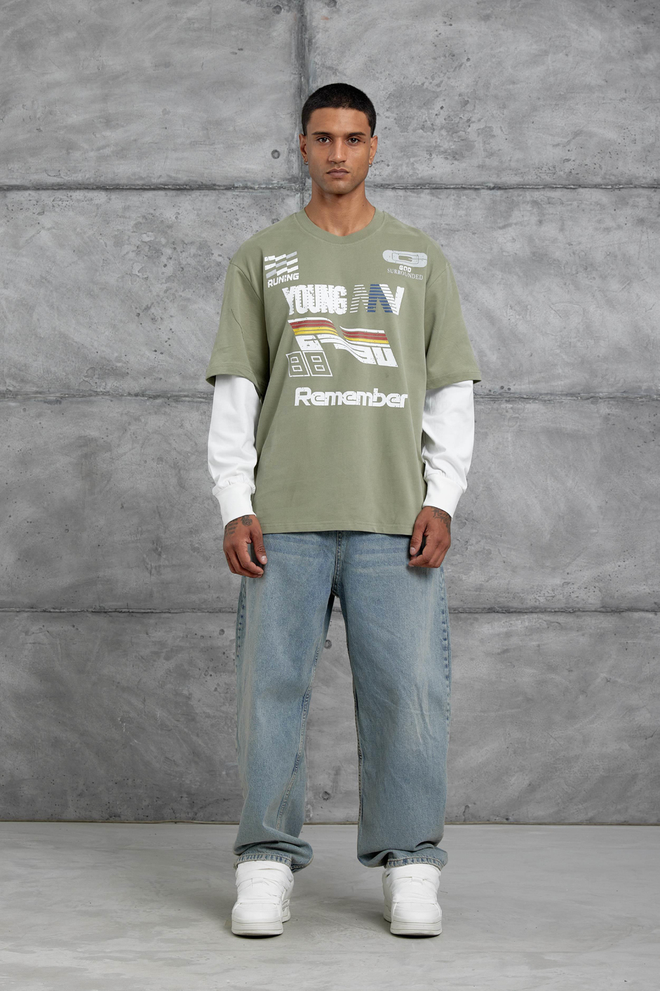 Yeşil Remember Baskılı Oversize Kolu Parçalı  Minimal Tasarım Sweatshirt