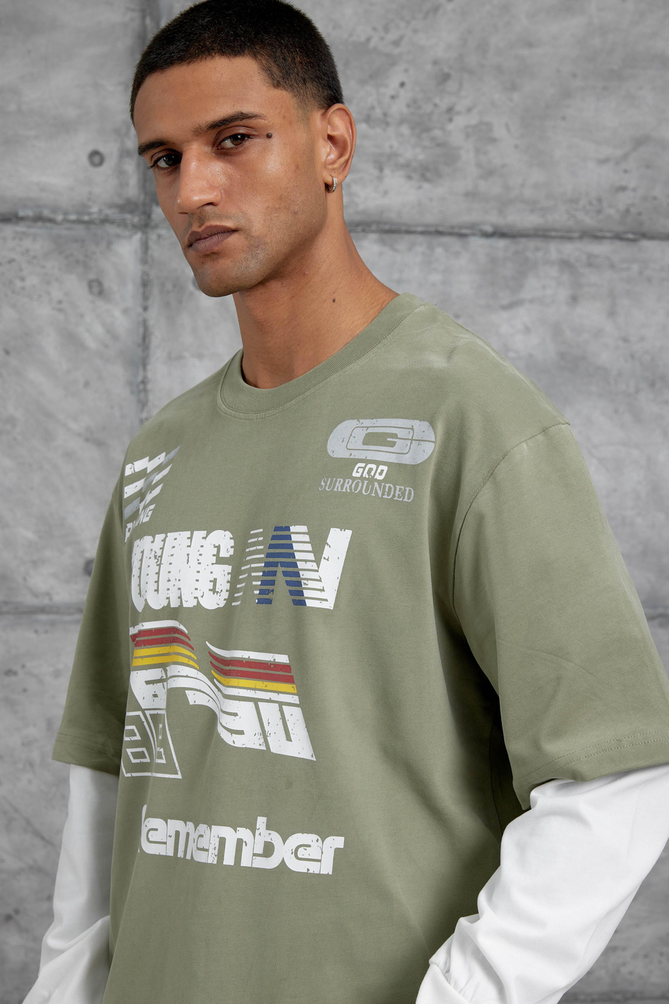 Yeşil Remember Baskılı Oversize Kolu Parçalı  Minimal Tasarım Sweatshirt