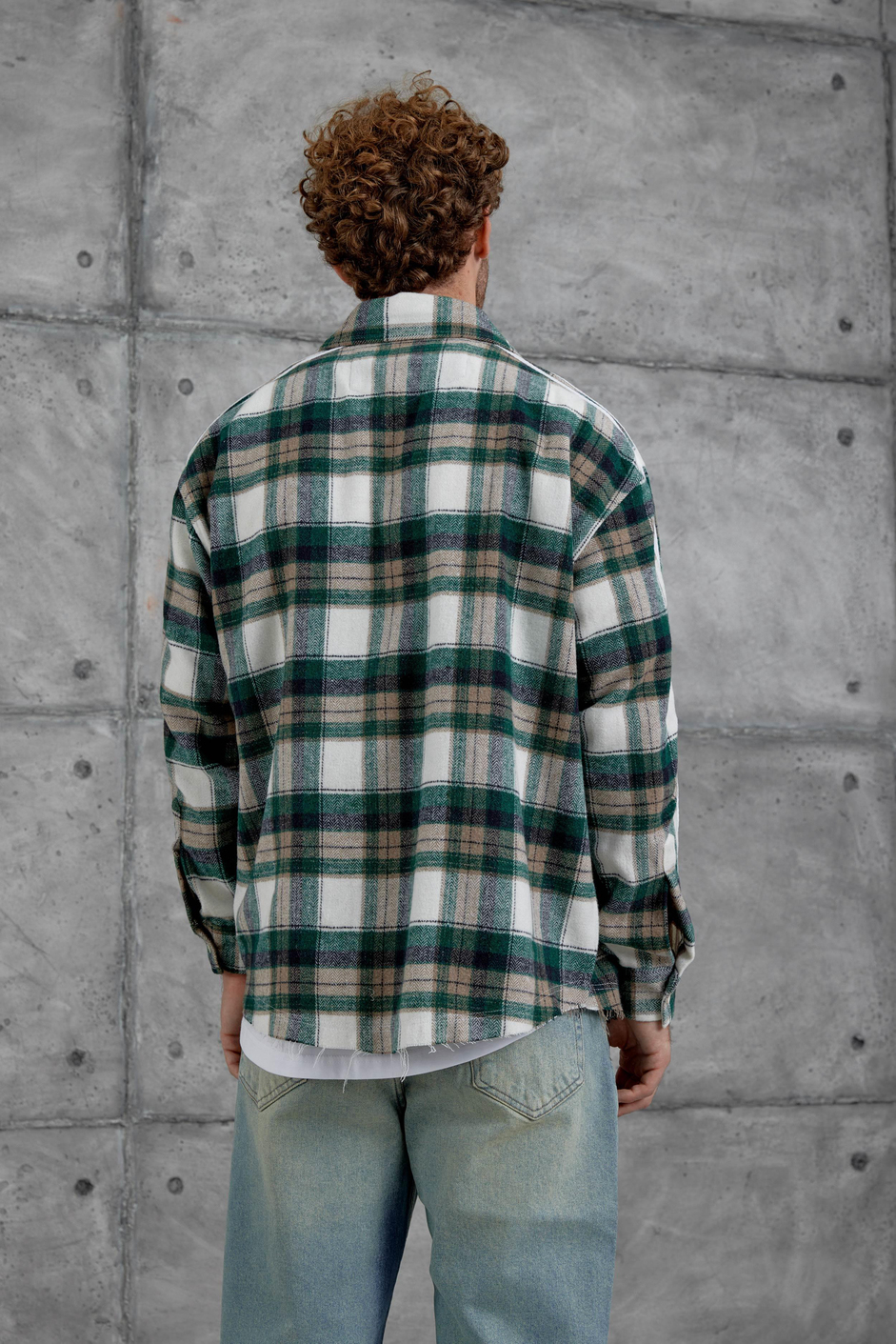 Yeşil Şerit Detaylı Kareli Oversize Oduncu Gömlek