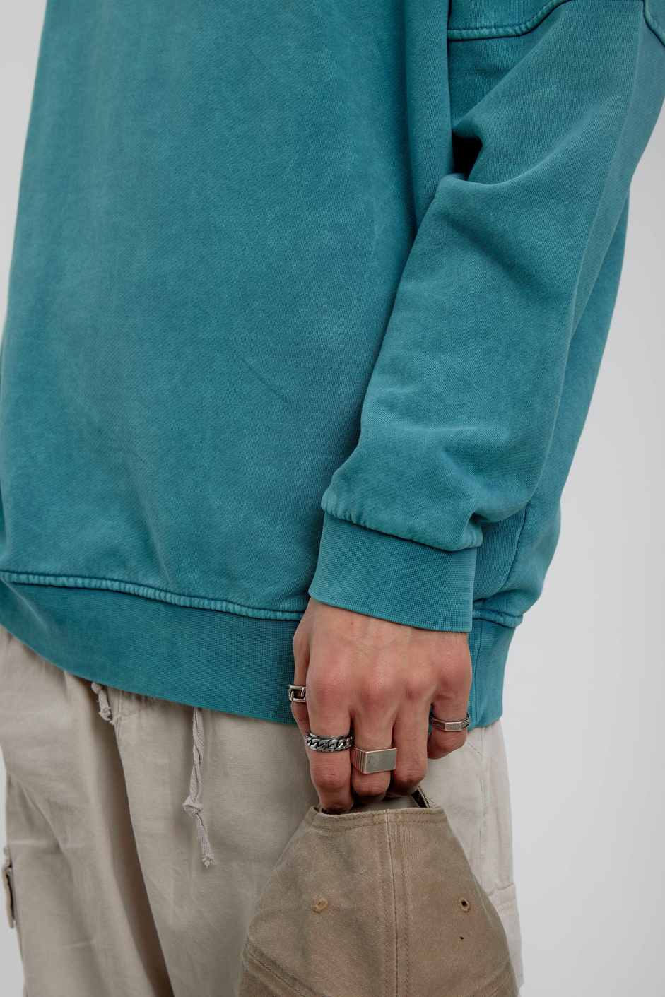 Yeşil Tek Cepli Yarım Fermuarlı Bisikle Yaka Yıkamalı Sweatshirt