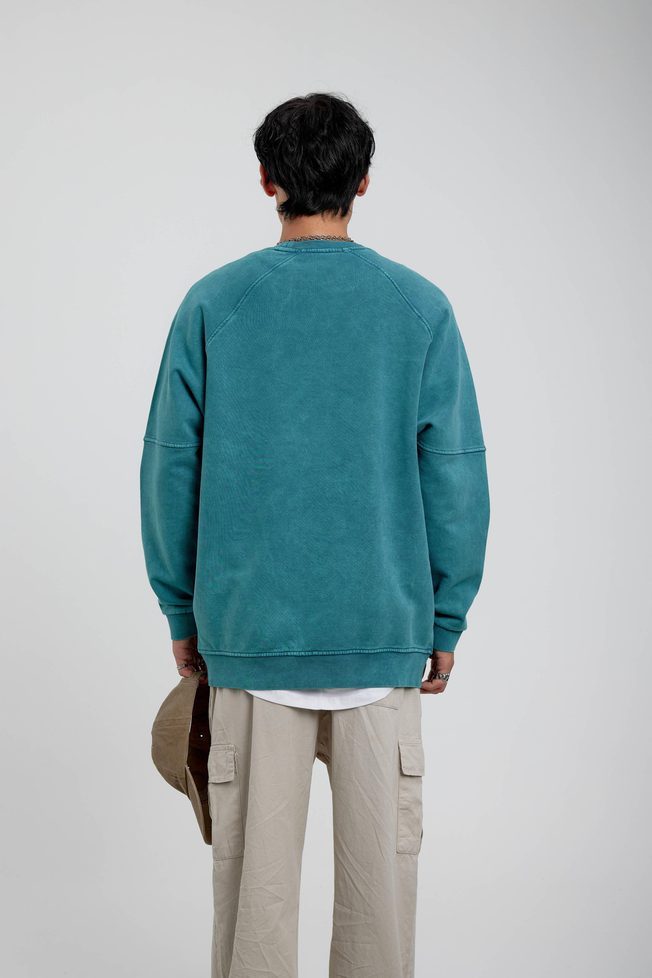 Yeşil Tek Cepli Yarım Fermuarlı Bisikle Yaka Yıkamalı Sweatshirt