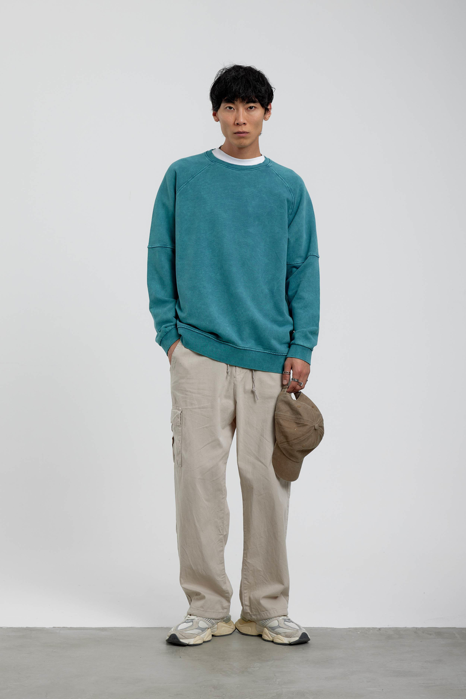 Yeşil Tek Cepli Yarım Fermuarlı Bisikle Yaka Yıkamalı Sweatshirt