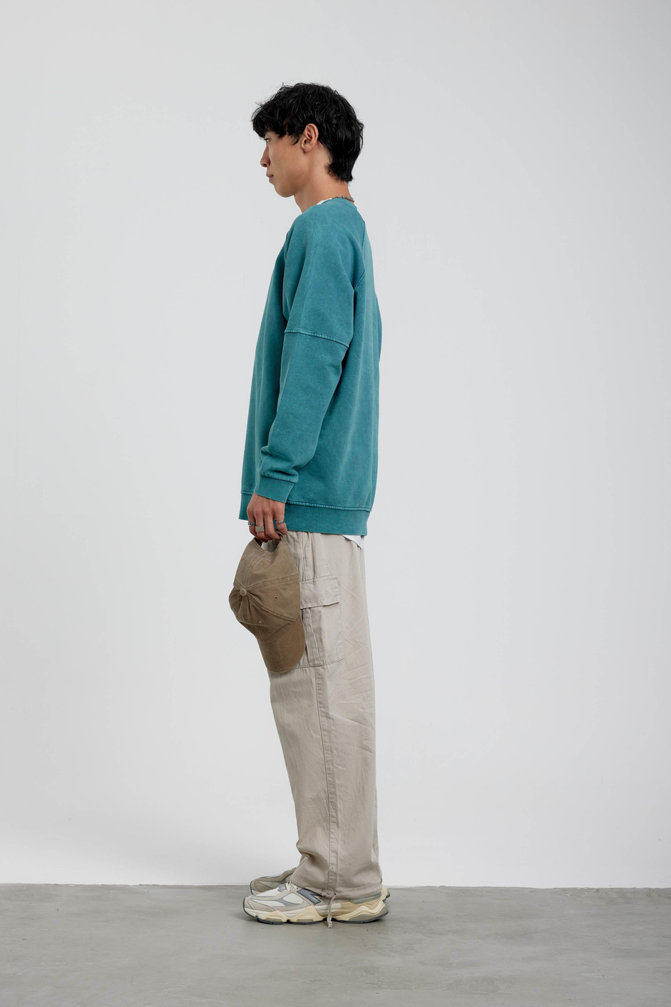 Yeşil Tek Cepli Yarım Fermuarlı Bisikle Yaka Yıkamalı Sweatshirt