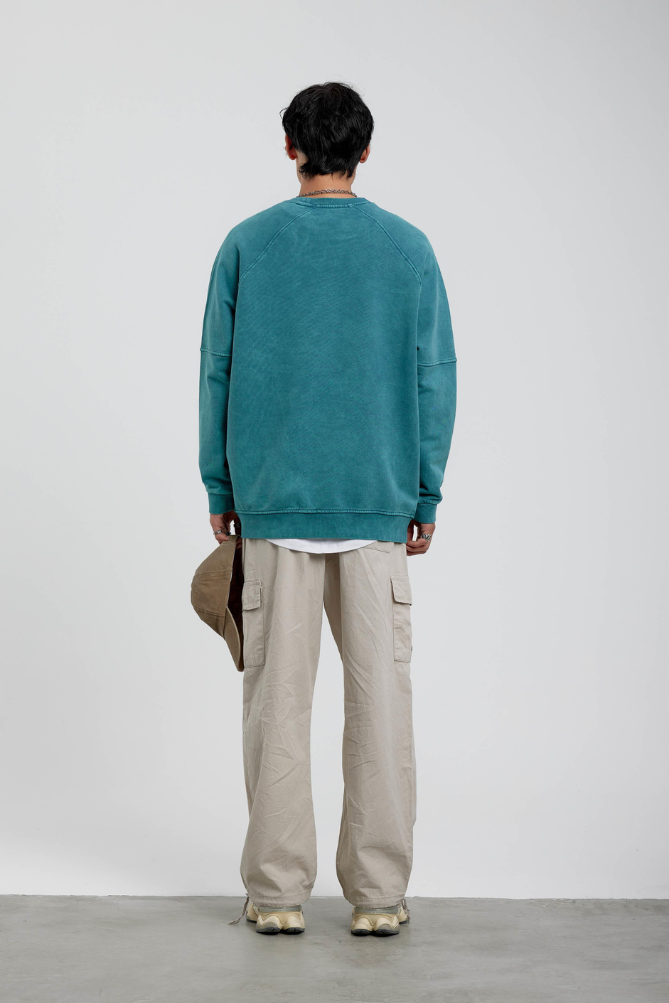 Yeşil Tek Cepli Yarım Fermuarlı Bisikle Yaka Yıkamalı Sweatshirt