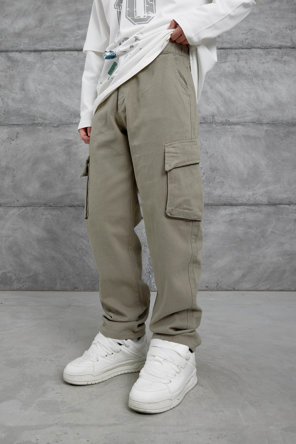 Yeşil W11 Gabardin Kumaş Baggy Kalıp Kargo Cepli Jean Panloton