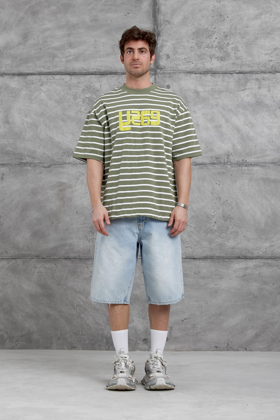 Yeşil Y269 Baskılı ve Çizgili Oversize Tshirt