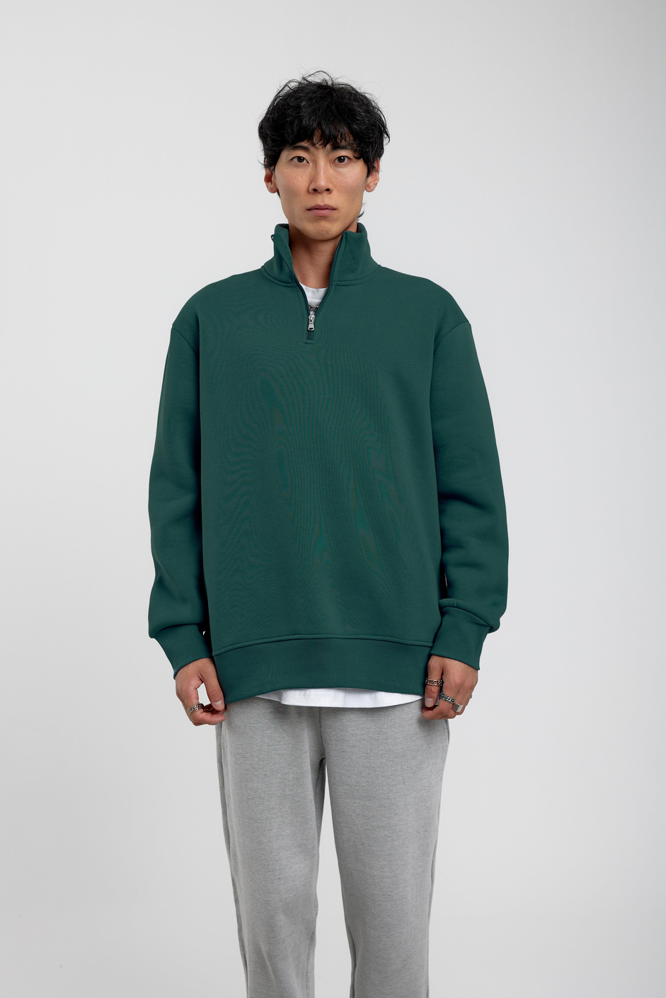 Yeşil Yakası Fermuarlı Basic Şardonlu Sweatshirt