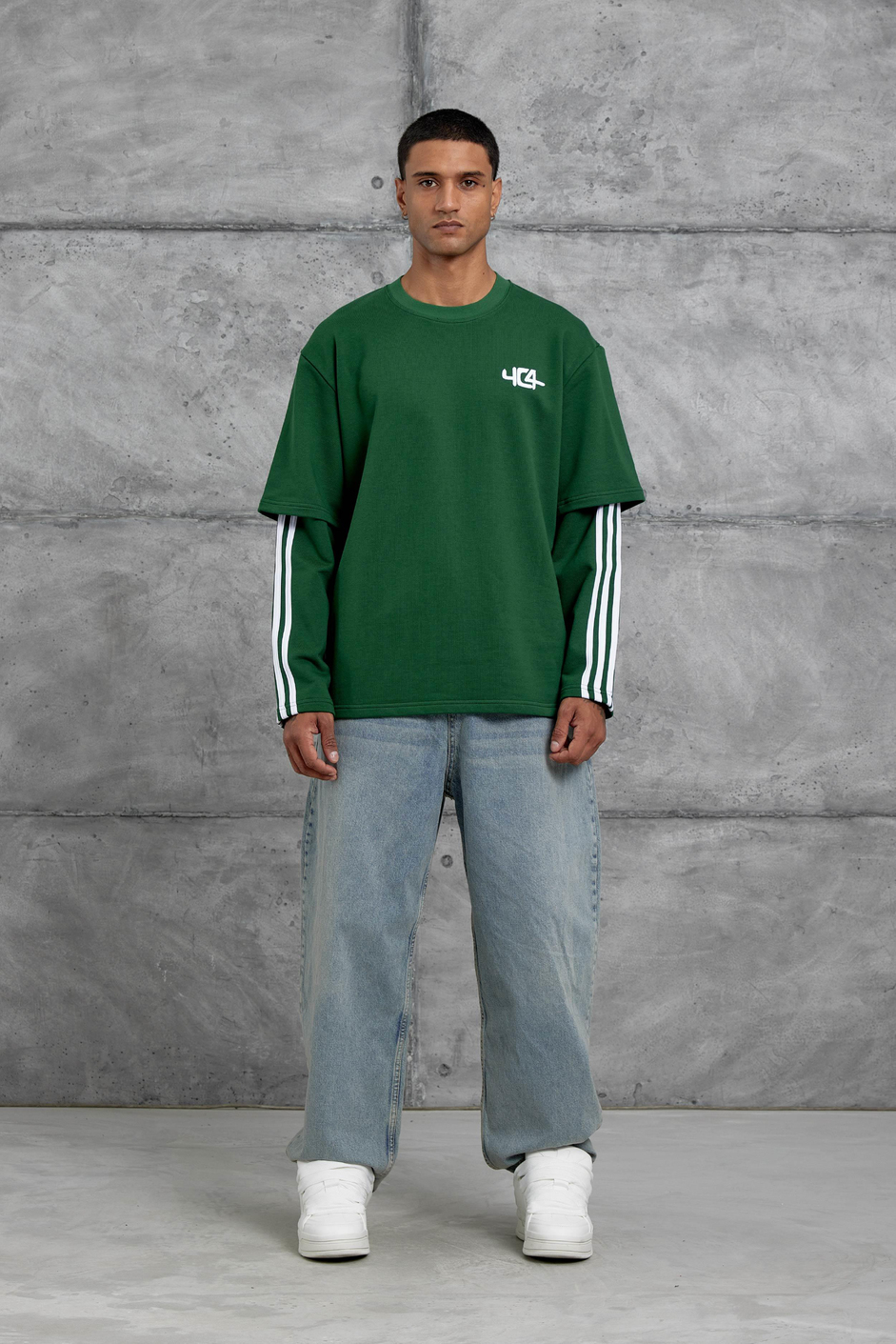 Yeşil Yc4 Oversize Kolu Parçalı  Şerit Detaylı Minimal Tasarım Sweatshirt