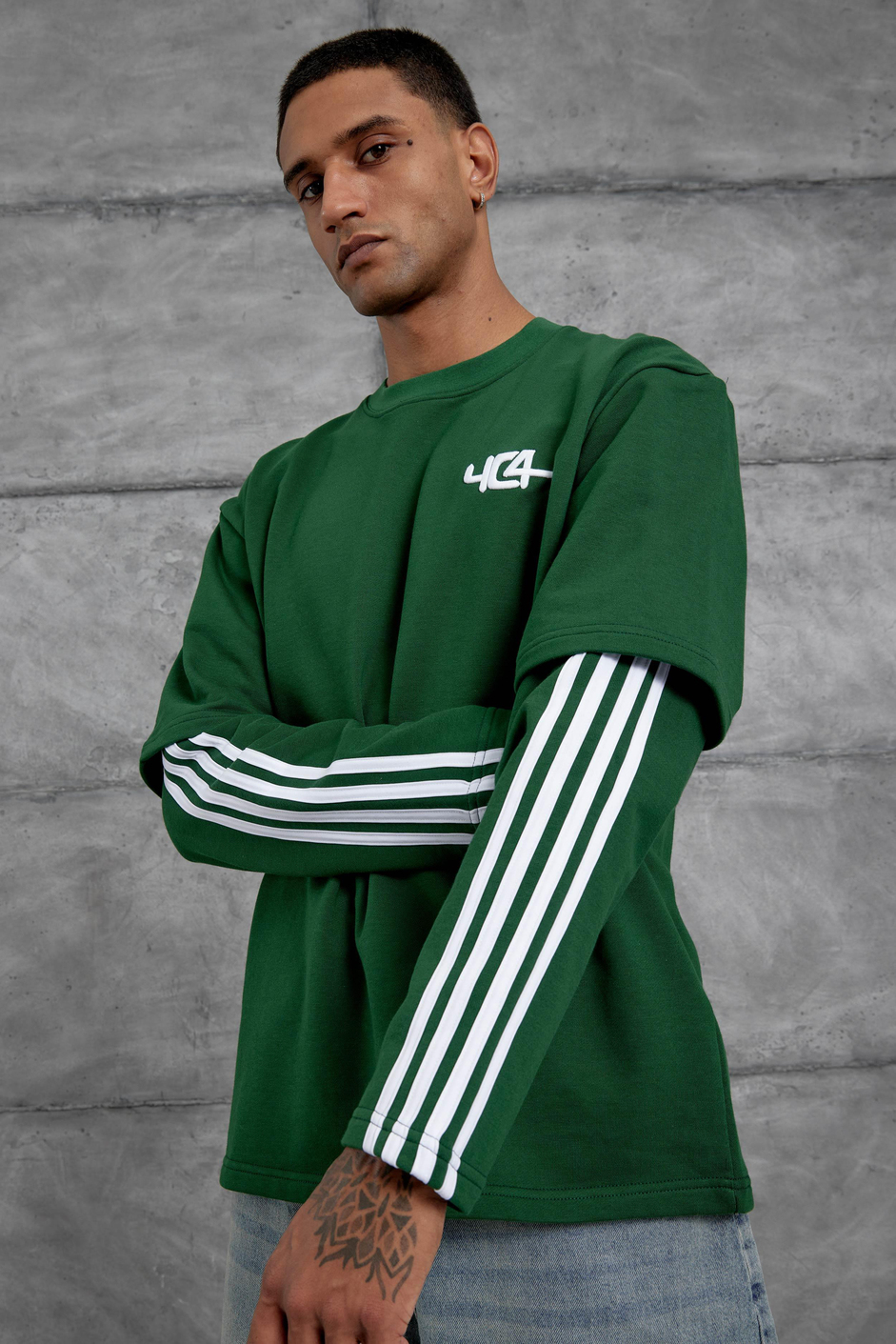 Yeşil Yc4 Oversize Kolu Parçalı  Şerit Detaylı Minimal Tasarım Sweatshirt