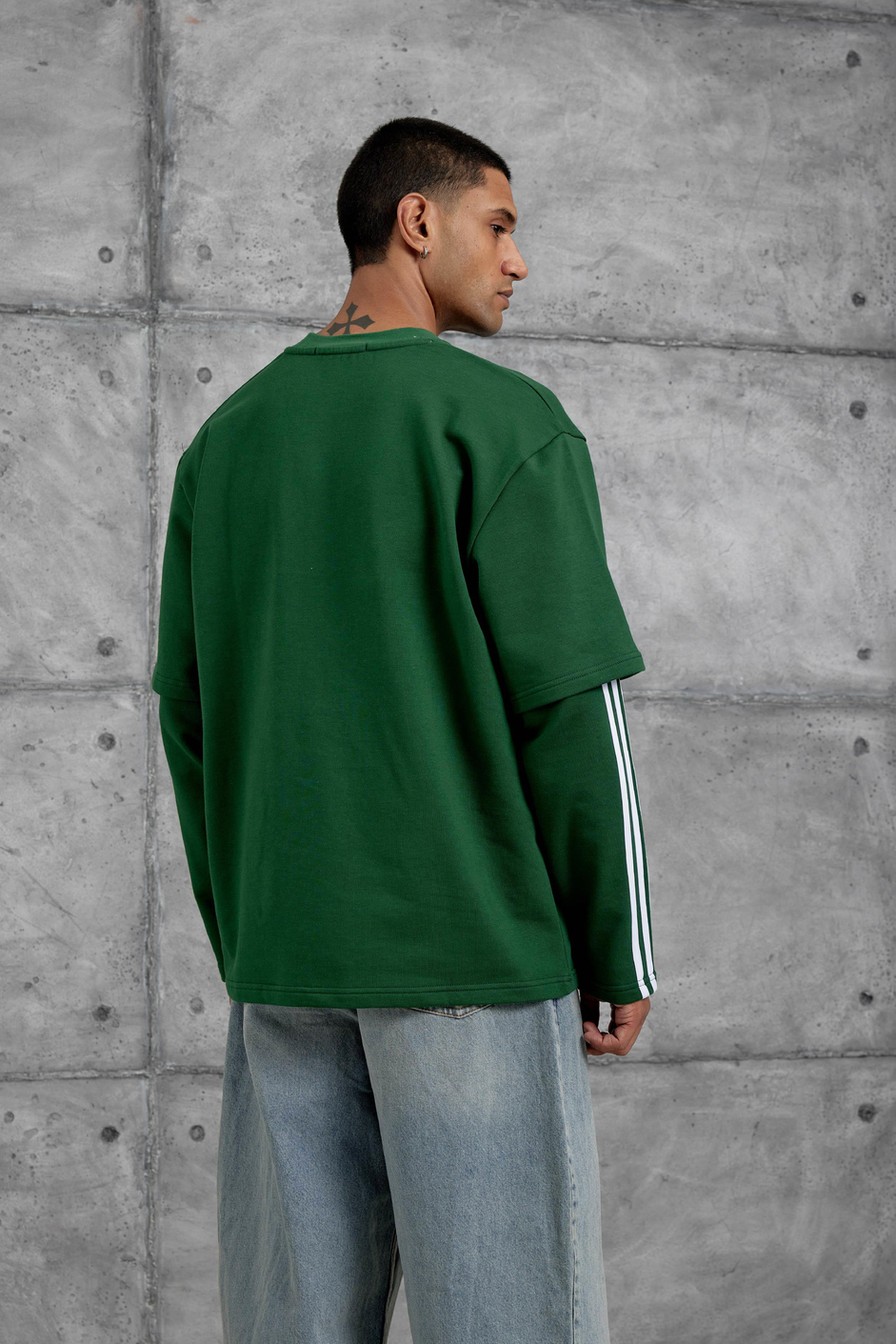 Yeşil Yc4 Oversize Kolu Parçalı  Şerit Detaylı Minimal Tasarım Sweatshirt