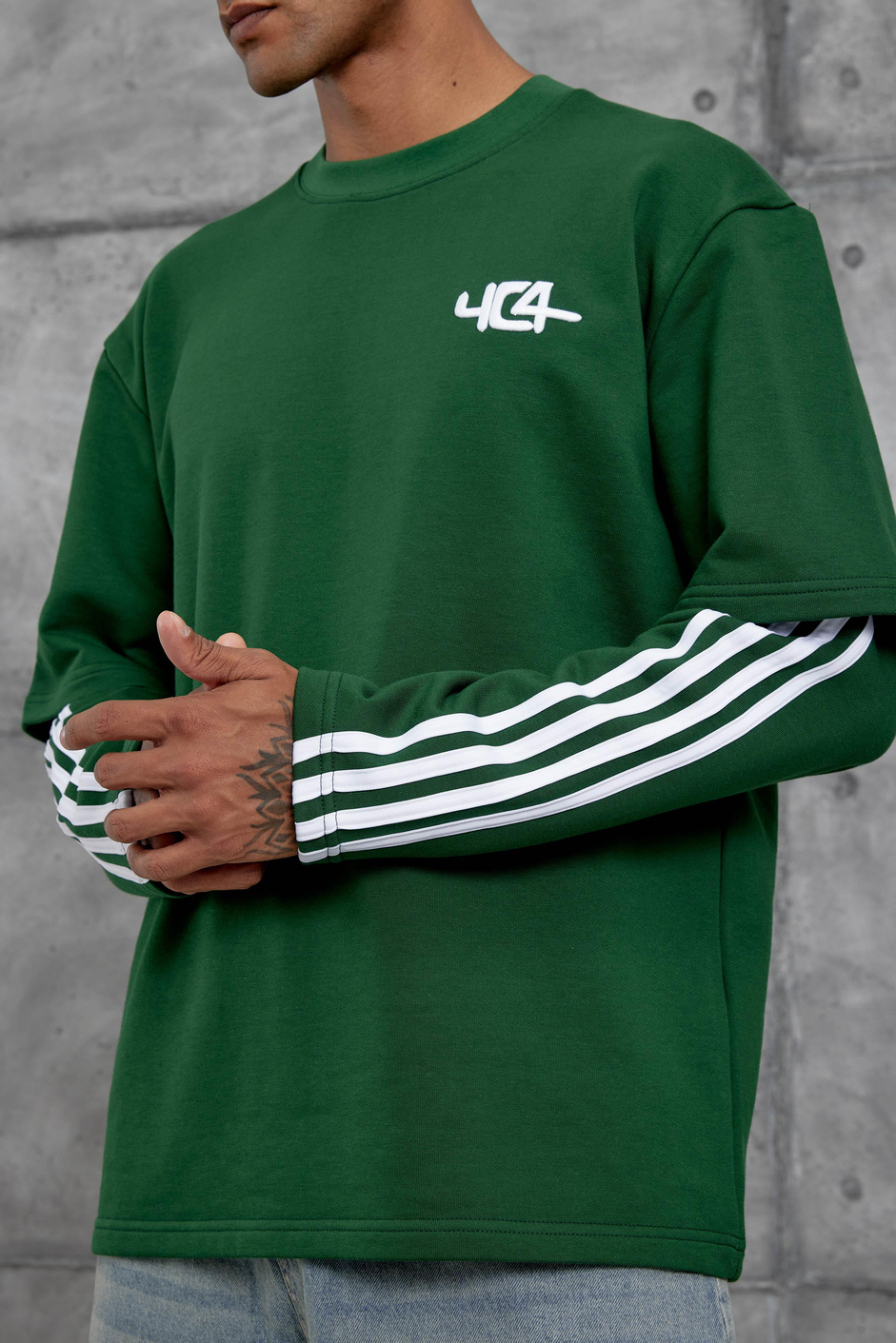 Yeşil Yc4 Oversize Kolu Parçalı  Şerit Detaylı Minimal Tasarım Sweatshirt