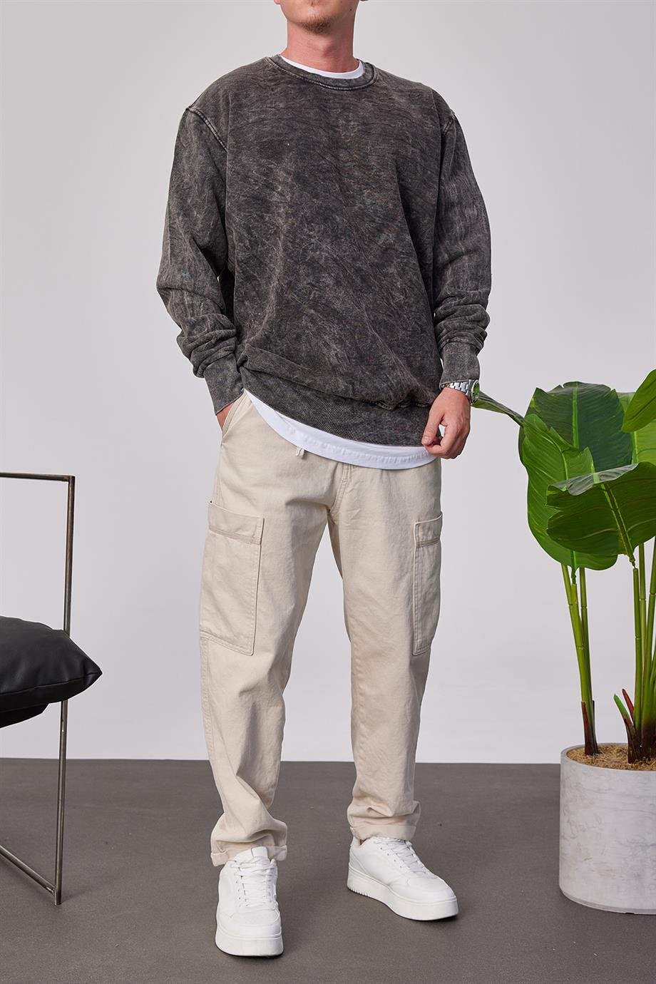 Yıkamalı Basic Füme Sweatshirt