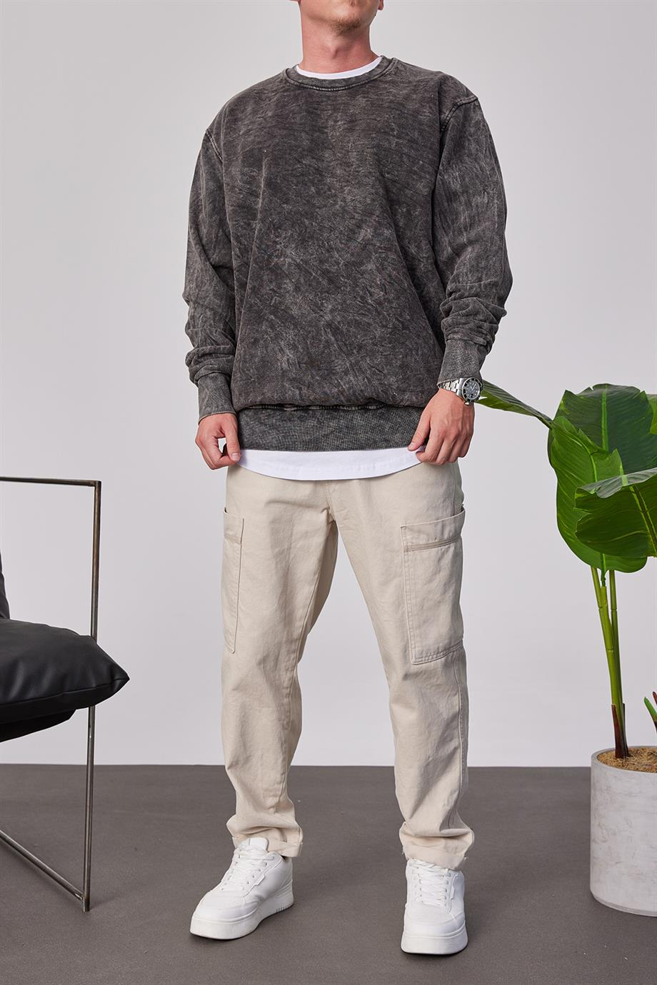 Yıkamalı Basic Füme Sweatshirt