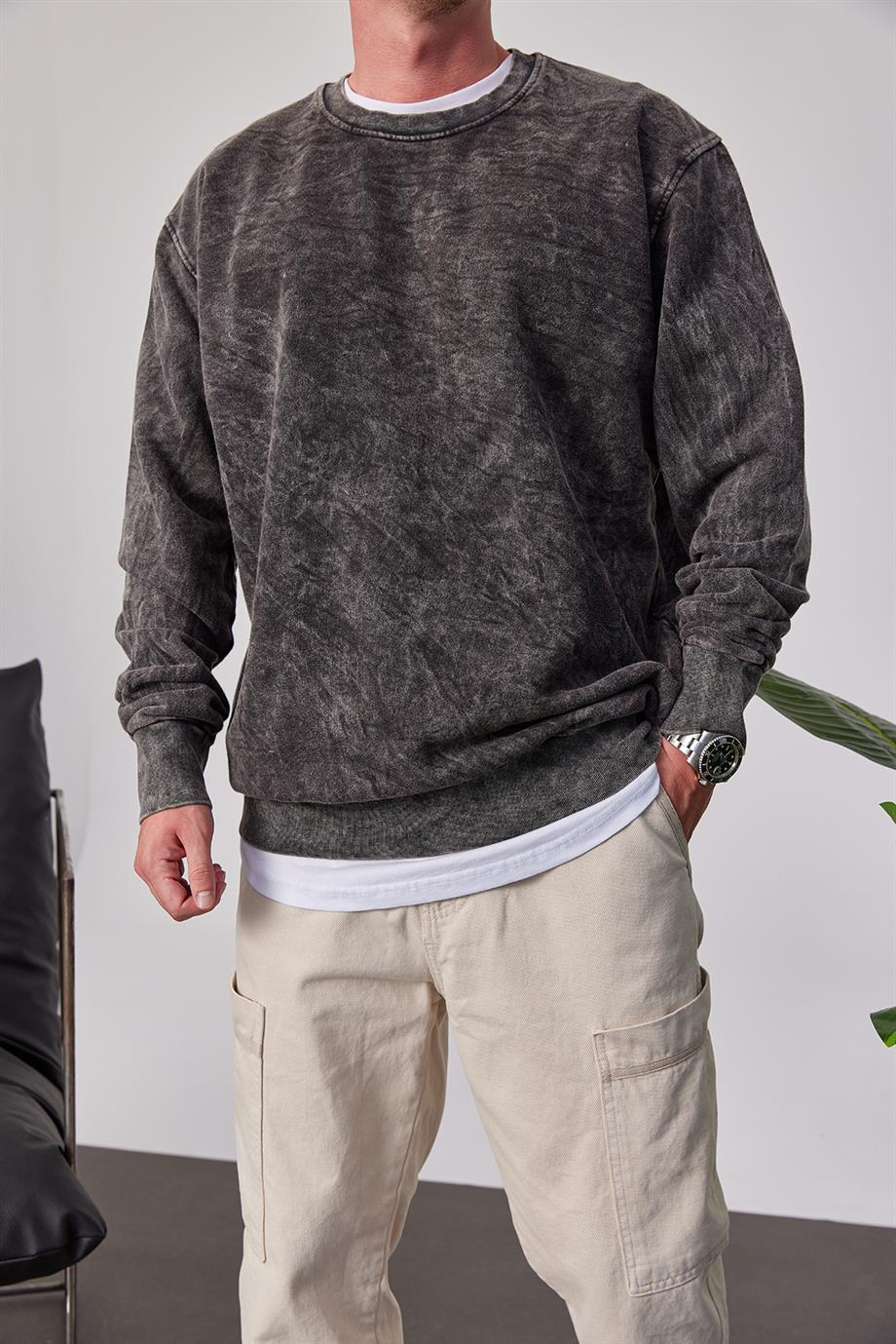 Yıkamalı Basic Füme Sweatshirt