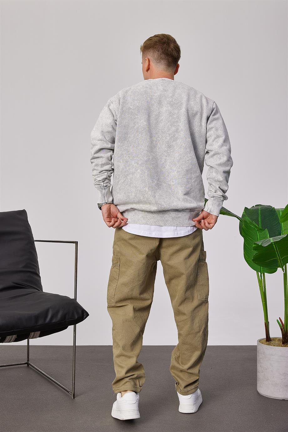 Yıkamalı Basic Gri Sweatshirt