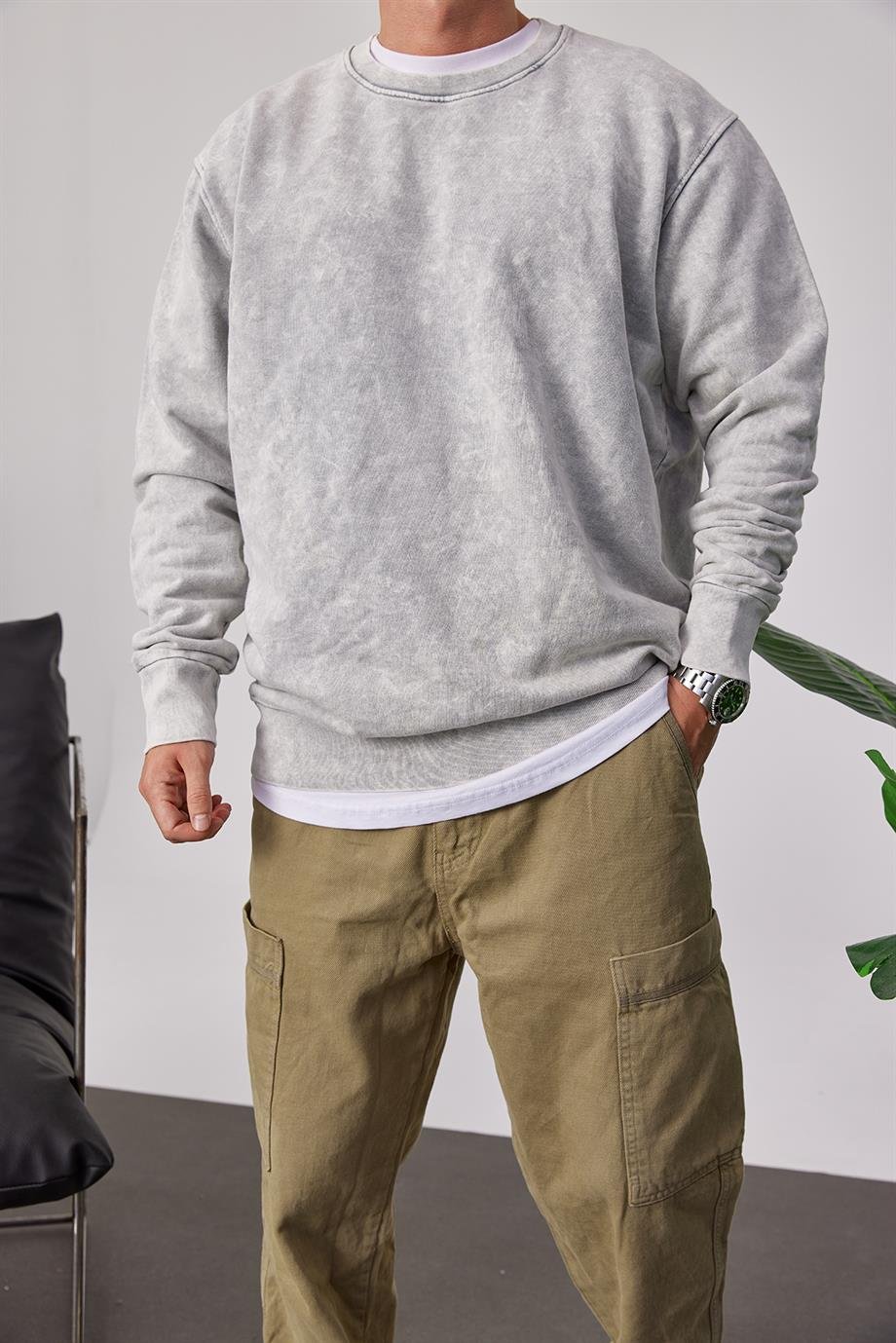 Yıkamalı Basic Gri Sweatshirt