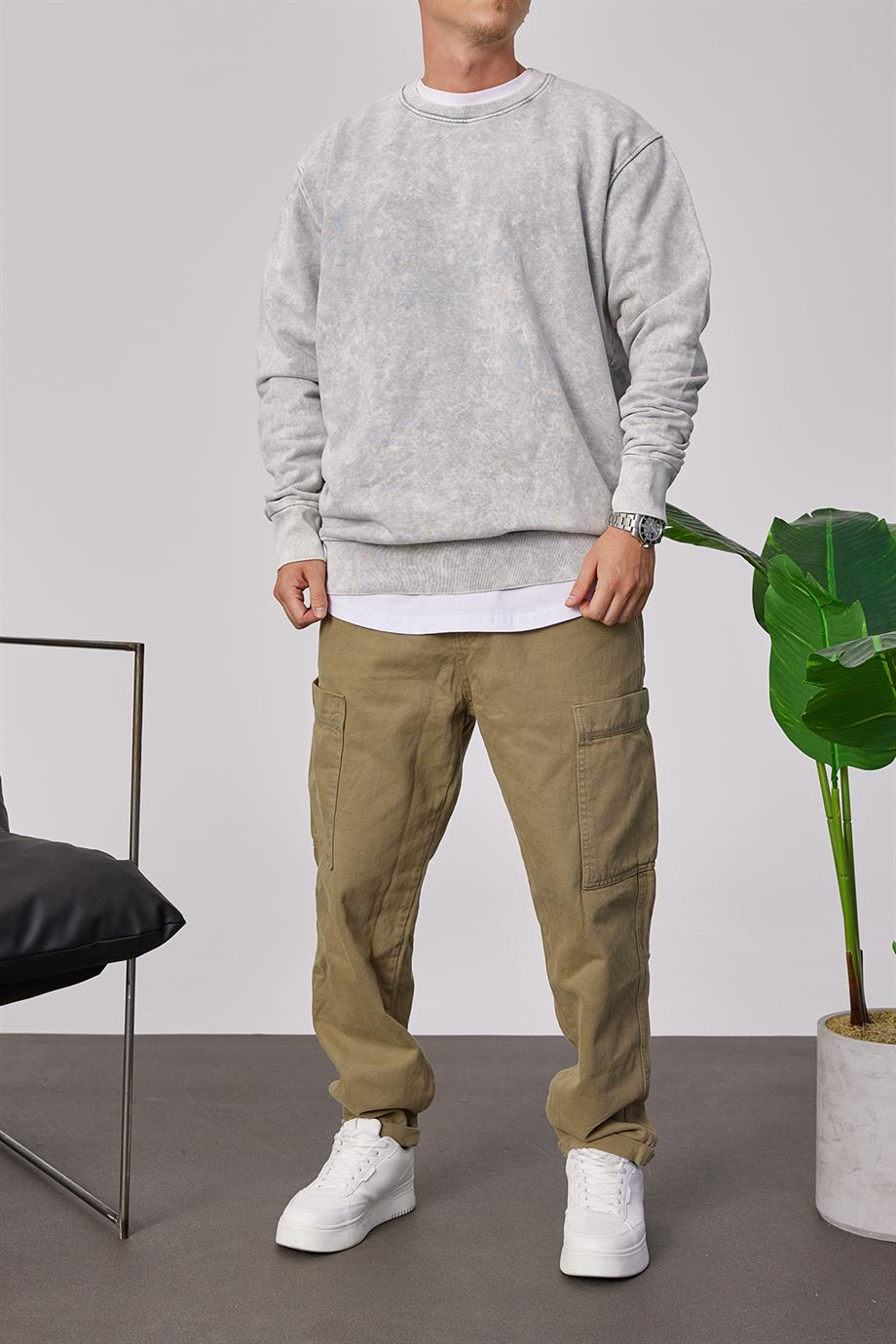 Yıkamalı Basic Gri Sweatshirt