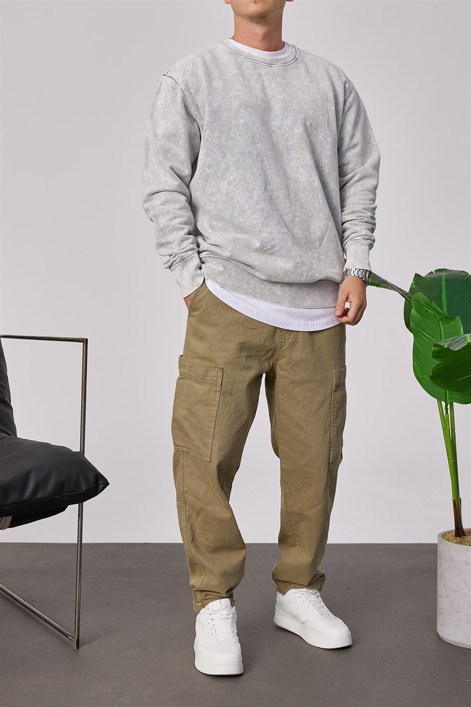 Yıkamalı Basic Gri Sweatshirt