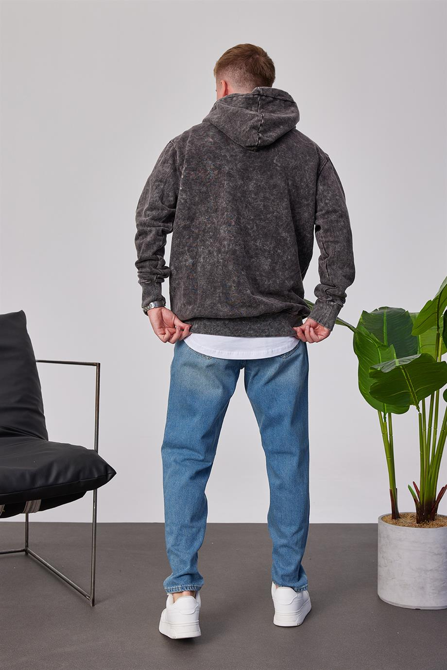 Yıkamalı Basic Kapüşonlu Füme Sweatshirt
