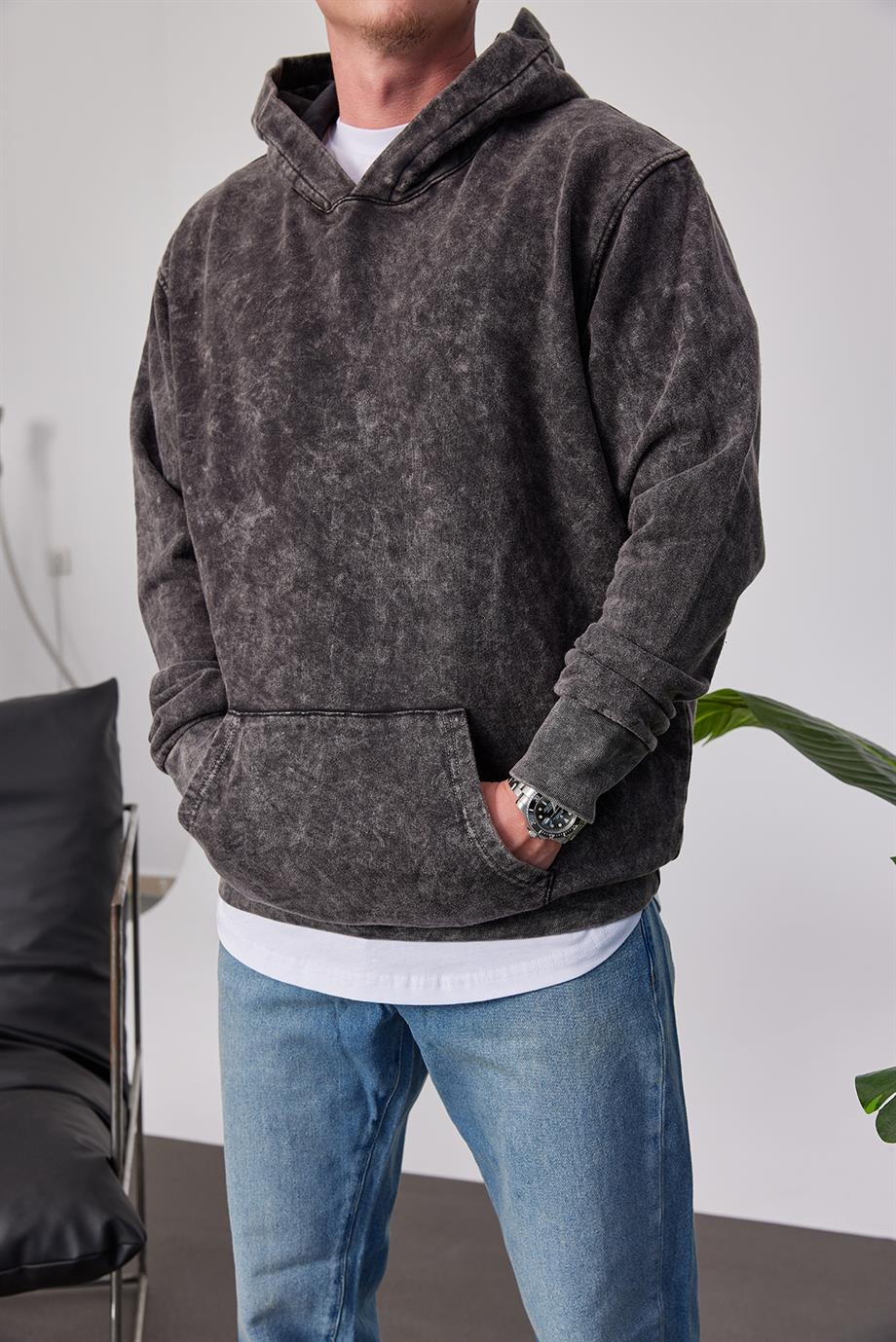 Yıkamalı Basic Kapüşonlu Füme Sweatshirt