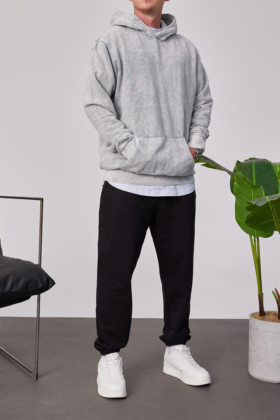 Yıkamalı Basic Kapüşonlu Gri Sweatshirt