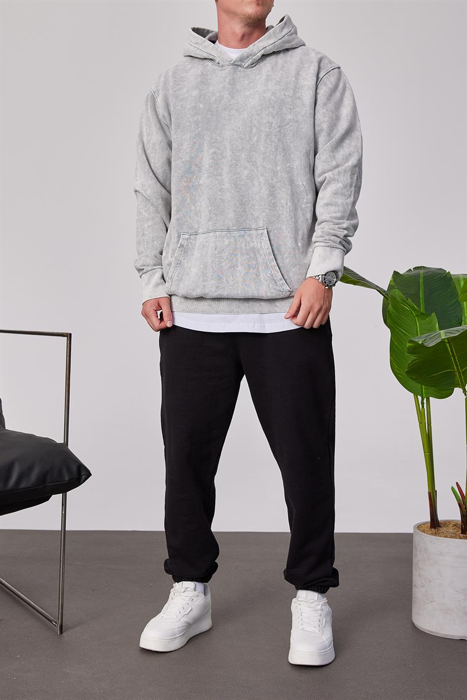 Yıkamalı Basic Kapüşonlu Gri Sweatshirt
