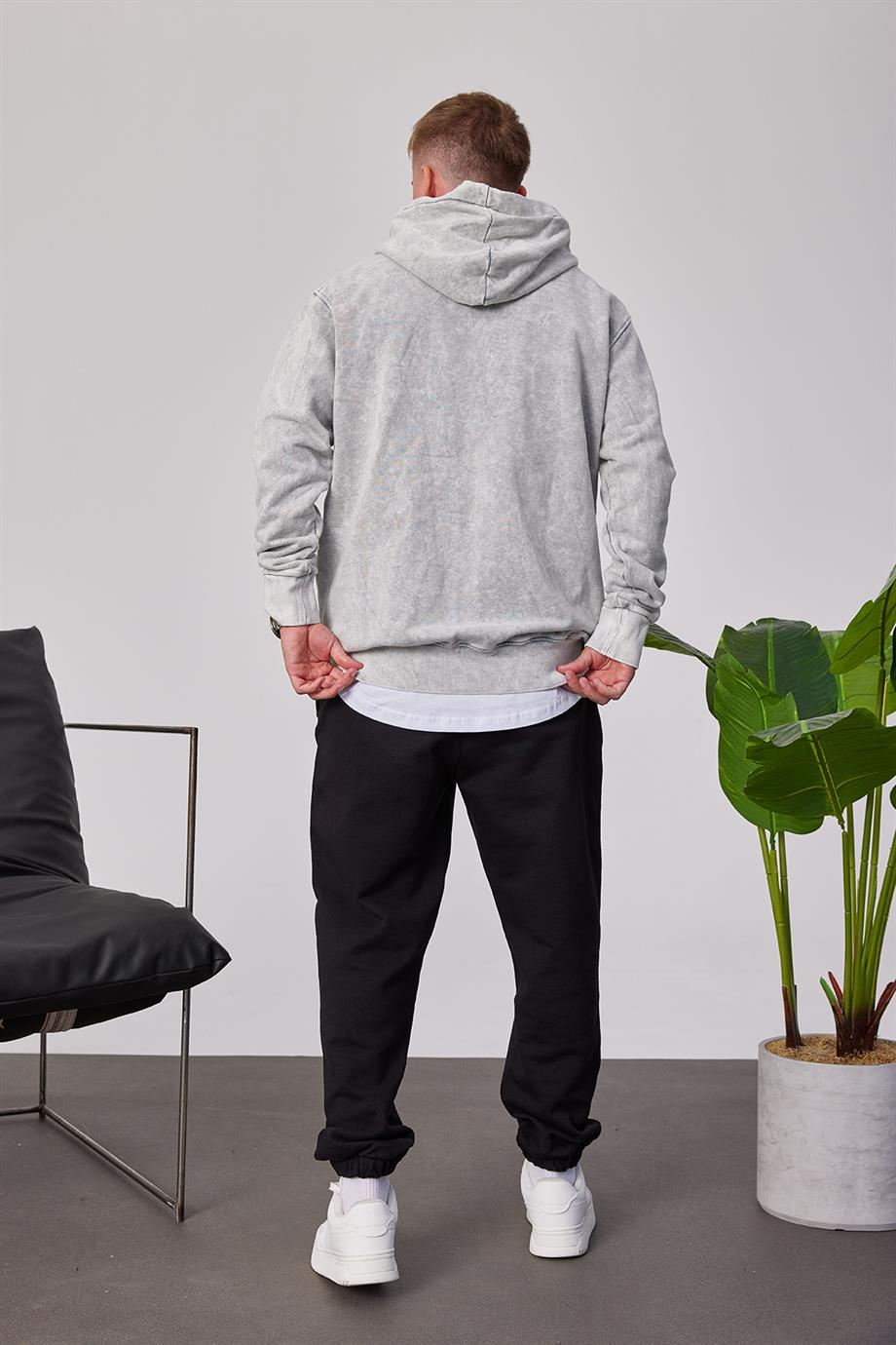 Yıkamalı Basic Kapüşonlu Gri Sweatshirt