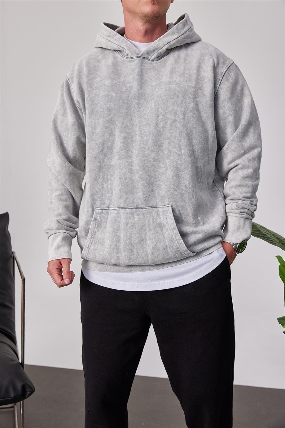 Yıkamalı Basic Kapüşonlu Gri Sweatshirt