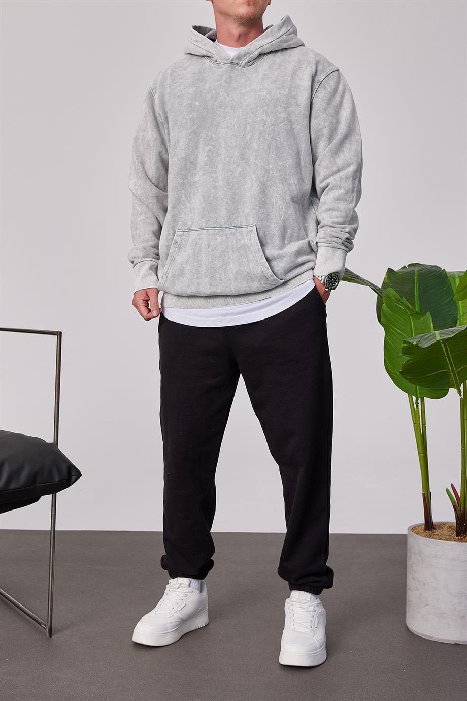 Yıkamalı Basic Kapüşonlu Gri Sweatshirt