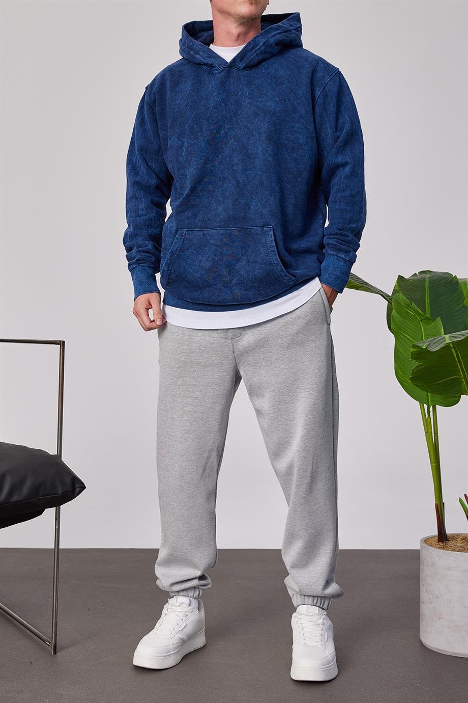 Yıkamalı Basic Kapüşonlu Lacivert Sweatshirt