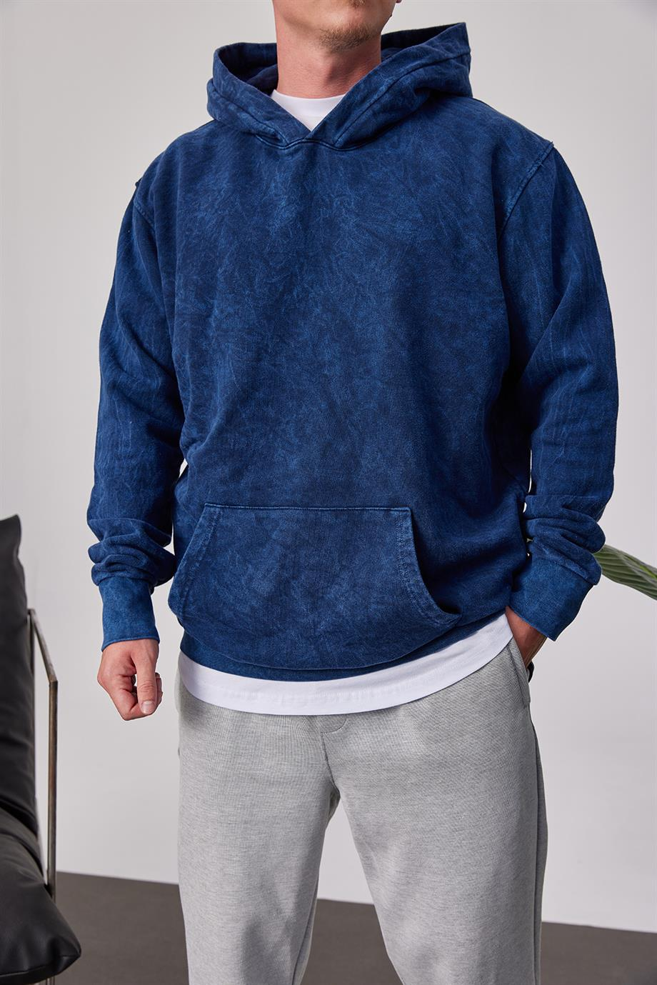 Yıkamalı Basic Kapüşonlu Lacivert Sweatshirt
