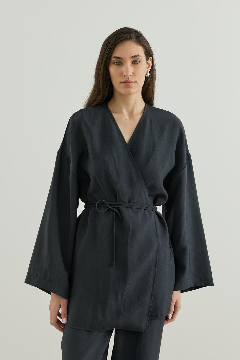 Anvelop Kapamalı Pantolonlu Kimono Takım Siyah