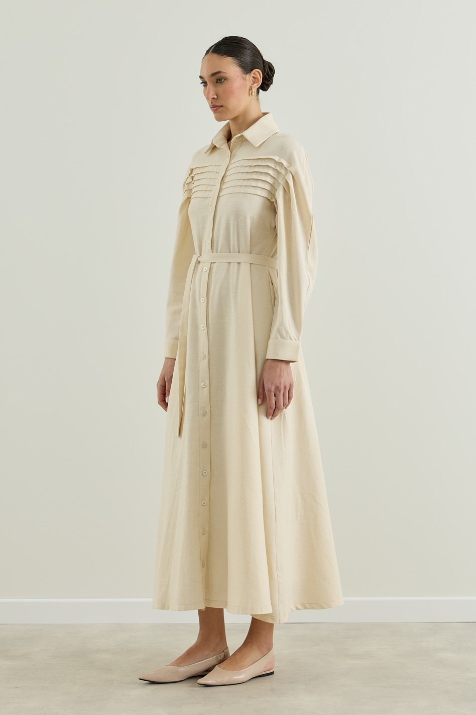 Outlet Nervür Detaylı Gömlek Elbise Bej