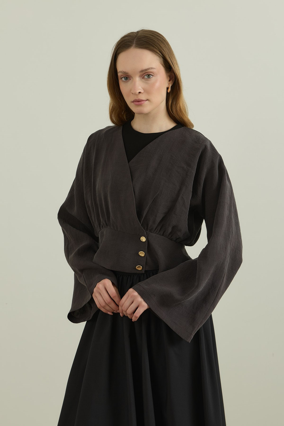 Düğme Detaylı Modal Kimono Bluz Koyu Kahve